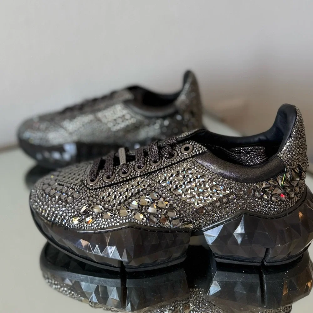 New JIMMY CHOO Crystal Womens Diamond F Low Top Sneaker 39 Black